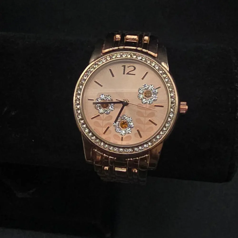 Women's Accutime Rose Gold Tone Quartz Watch‎ Rhinestone Flowers WORKS